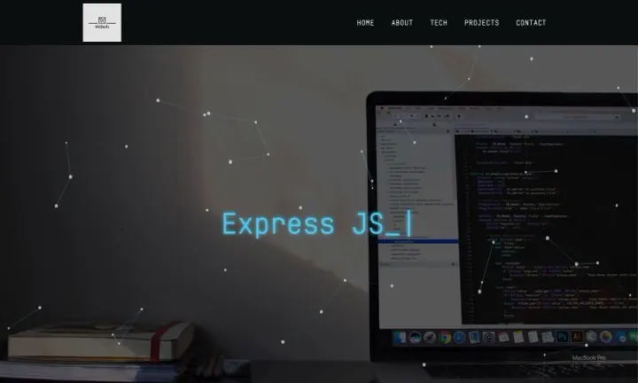 My first portfolio: a WebDevEv logo, a dark hero with connected particles and an Express JS typing animation over a photo of a laptop